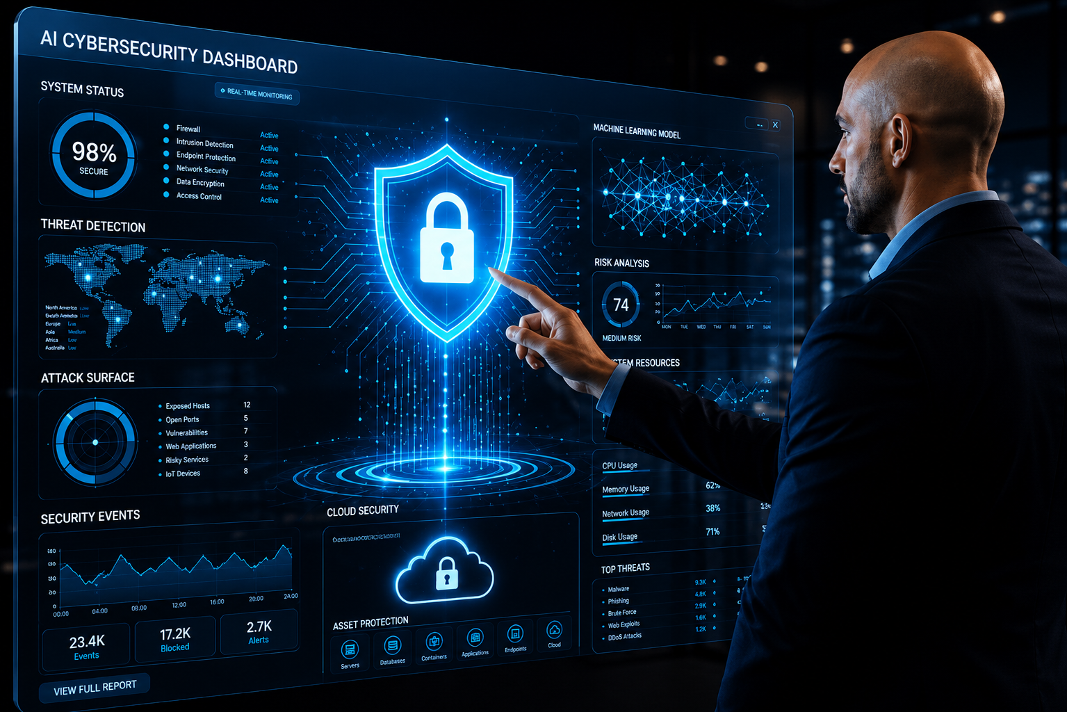Profissional interagindo com dashboard holográfico de IA e cibersegurança, Forte Security