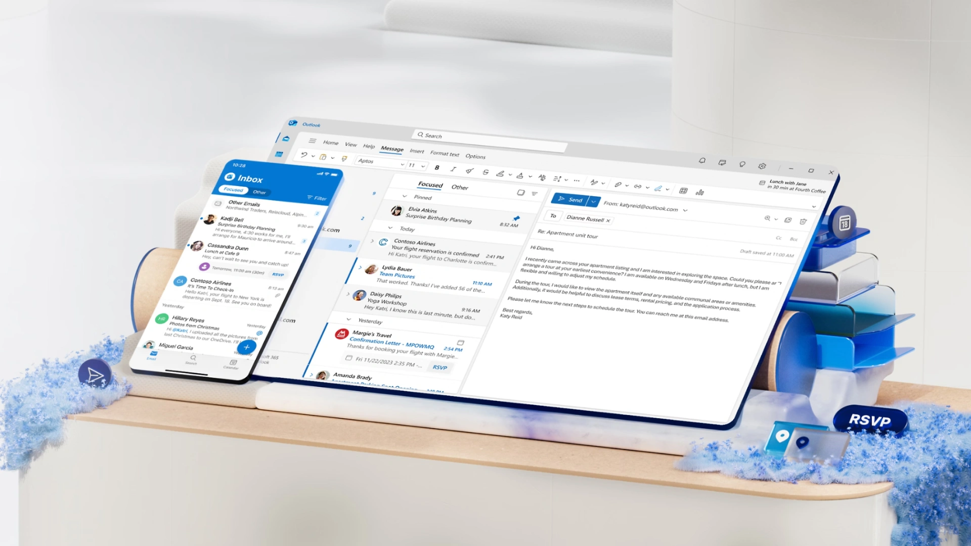 Interface do Outlook com calendário e e-mail integrados